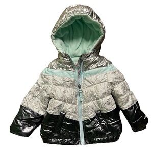 Toddler Girl London Fog Winter Puffer Jacket Silver Black Blue Size 12-18 Months